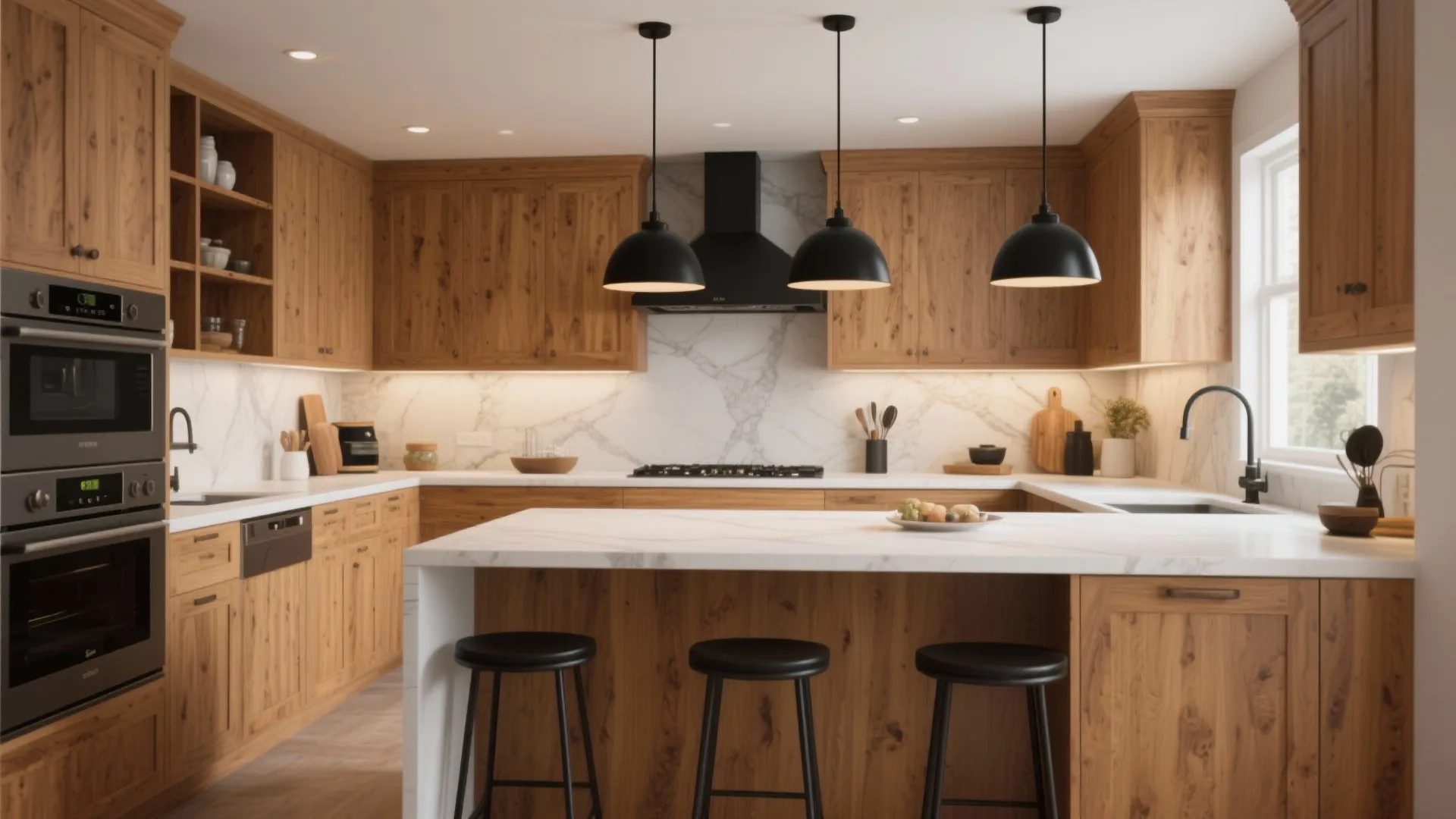 Classic wood kitchen cabinets with white marble backsplash black ceiling light fixtures and breakfast bar stools