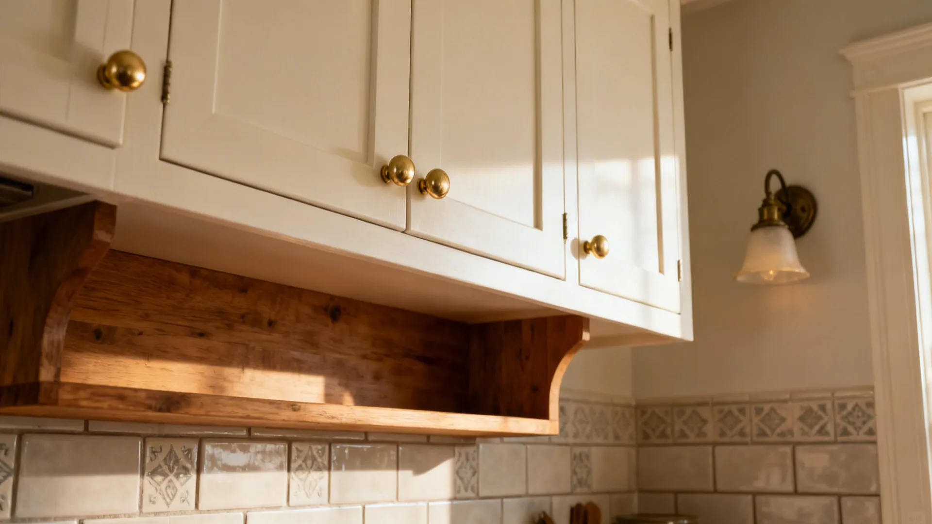 Upper Shaker cabinets with satin brass mushroom knobs in a cozy cottage kitchen.
