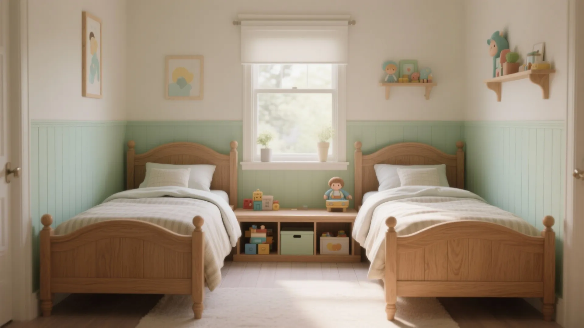 Kids bedroom with two wooden beds mint green wall panels small storage cabinet and natural light