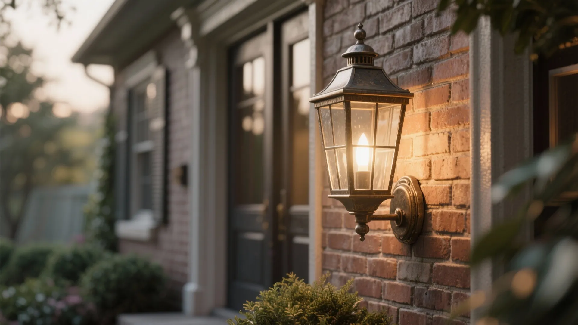 Classic bronze wall light glowing on a red brick house wall beside a dark door