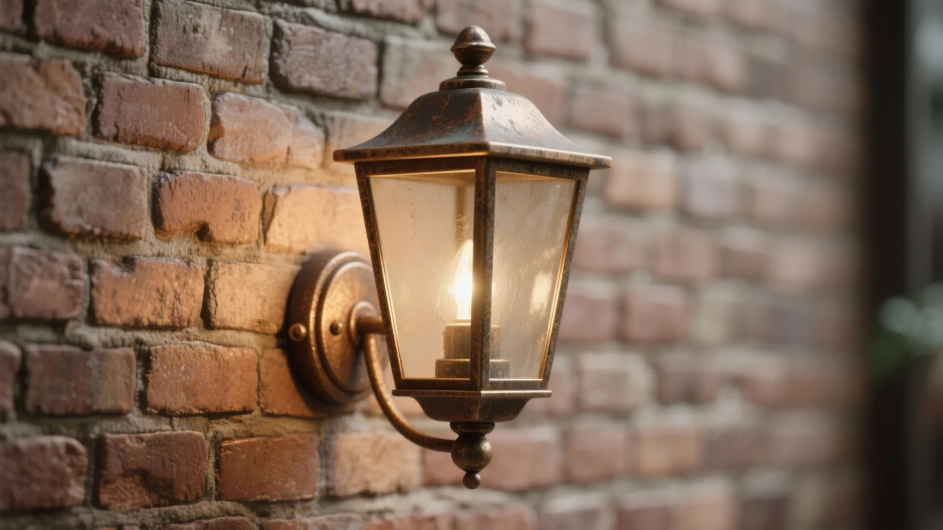 Vintage metal wall light with glowing bulb mounted on a textured red brick exterior wall