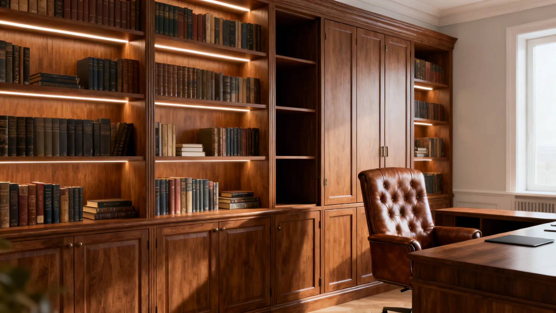 Built-in bookcase with leather chair and integrated storage in a warm library-style office.