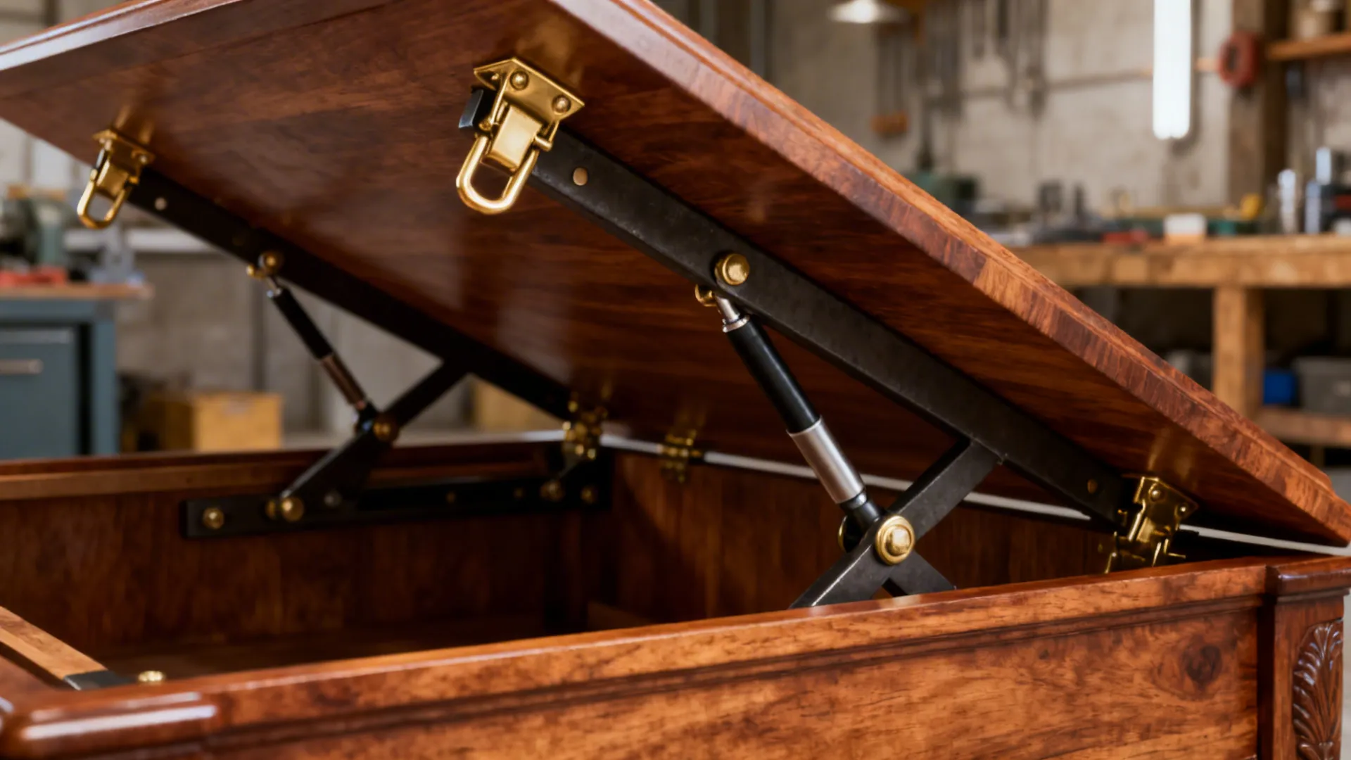 Close-up of soft-close hydraulic mechanism on a classic lift-top coffee table with wooden removable top