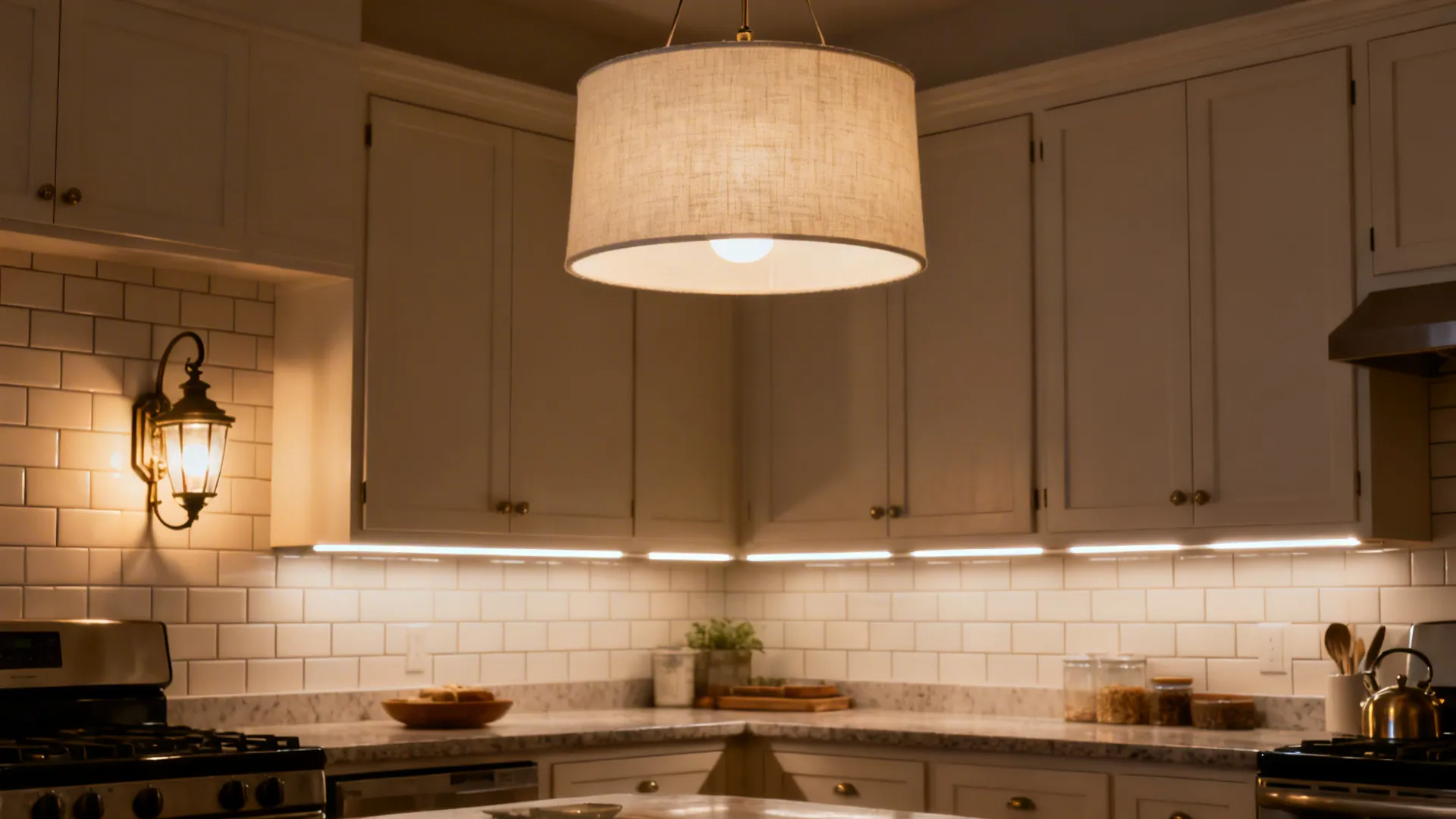 Layered kitchen lighting with a pendant, wall sconce, and under-cabinet task lights in a classic space.