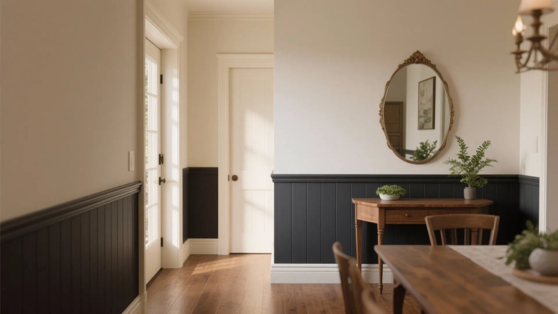 Small entryway with lower-half dark paint and crisp trim at chair-rail height, console table and mirror.