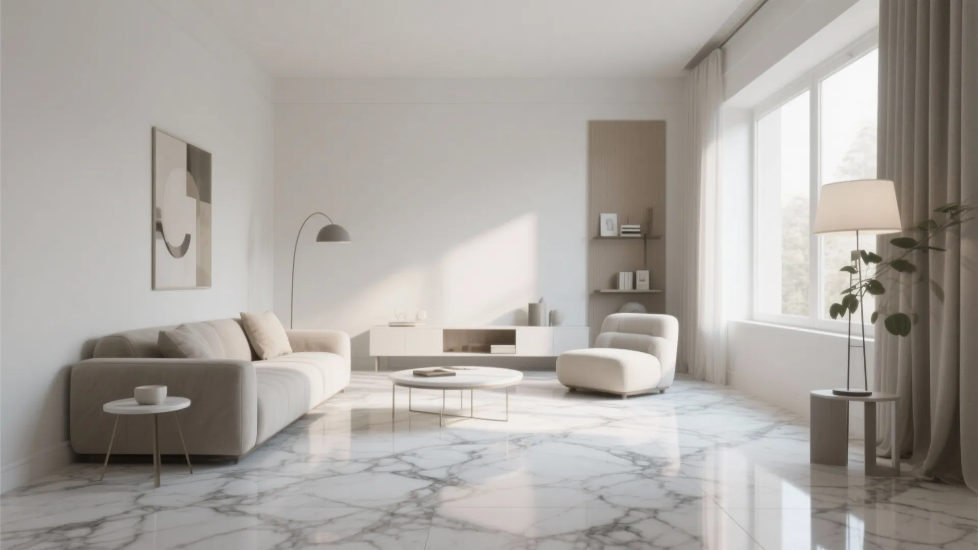 Modern minimalist living room featuring white marble flooring beige sofa white cabinet floor lamp and plant