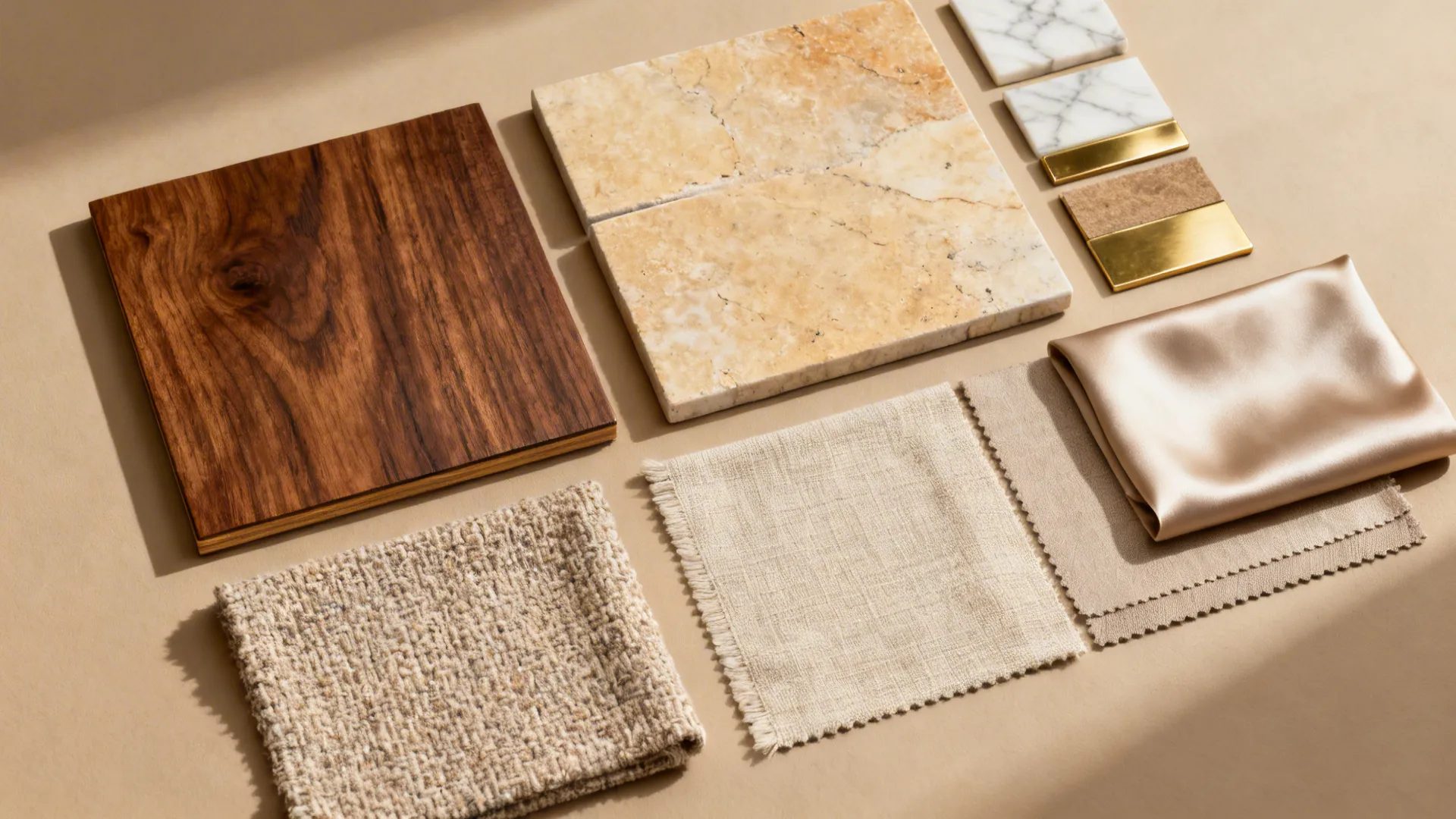 Top-down flat lay of walnut, stone, brass, and neutral fabric swatches for a classic living room.