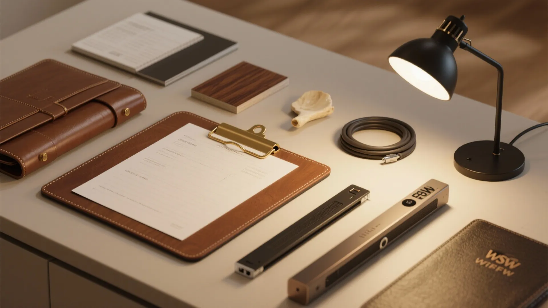 Various office supplies including a leather folder, clipboard, notebooks, and a black desk light fixture