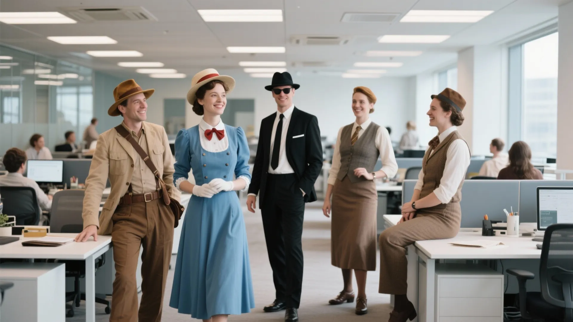 Group of office workers wearing classic movie costumes standing in a modern open office space