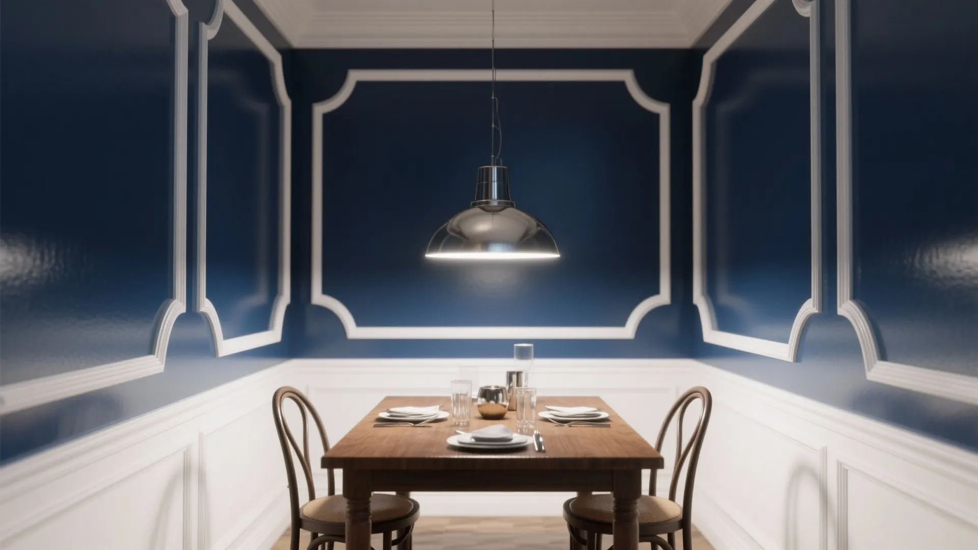 Classic dining room featuring navy blue walls white wall panels wooden table and silver light