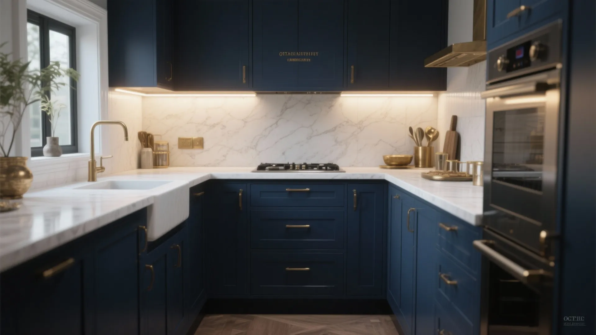 Modern navy blue kitchen with white marble countertops gold faucet and built-in appliances interior design