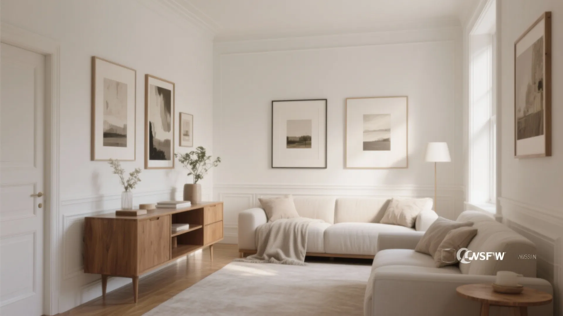 Bright minimal living room featuring cream sofa wooden cabinet wall art and clean white walls