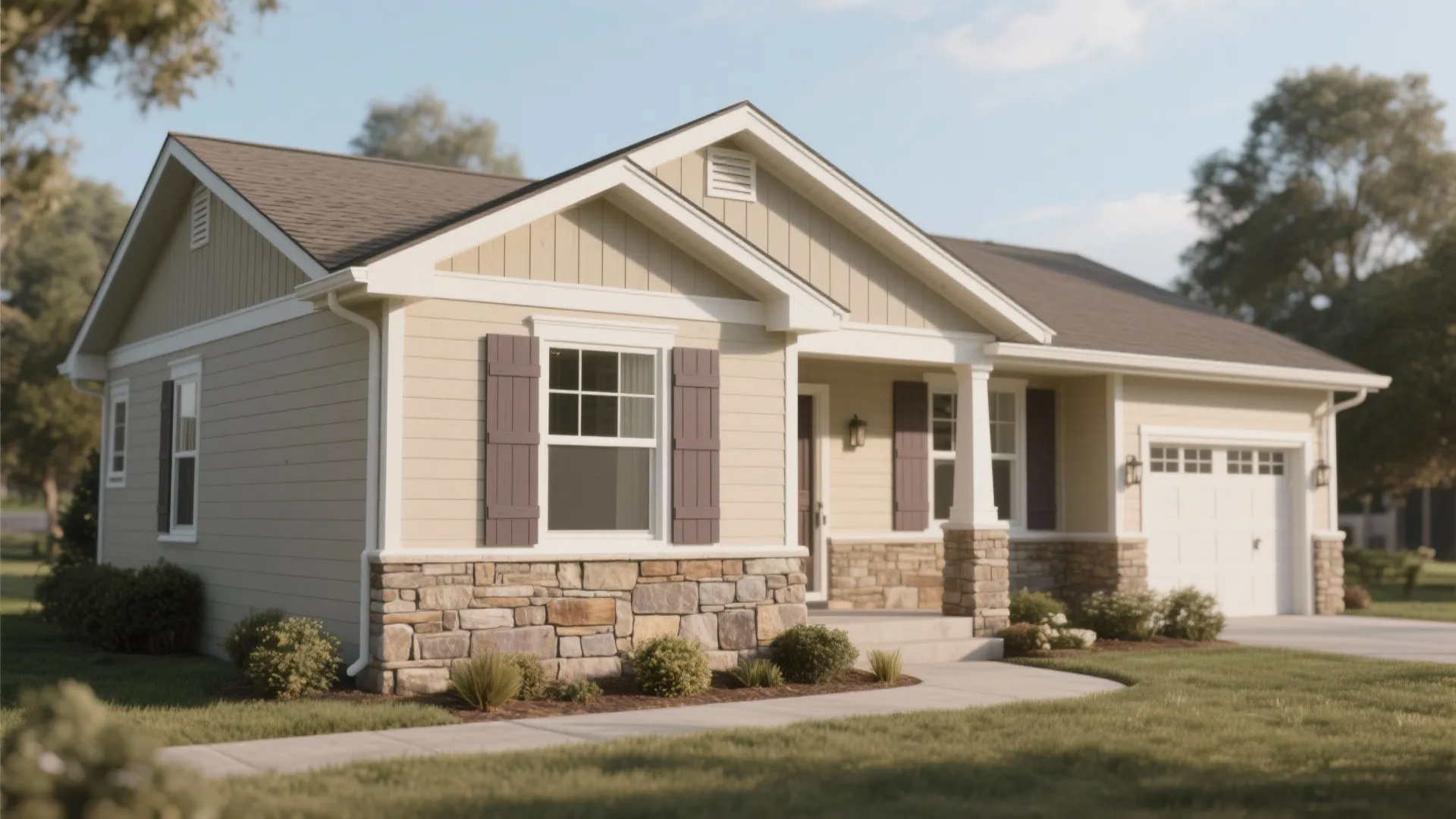 Single story beige ranch house with stone base white windows purple shutters and white garage door