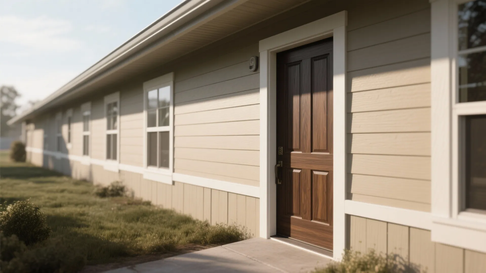 Modern tan house exterior featuring a dark wood front door white windows and siding panels