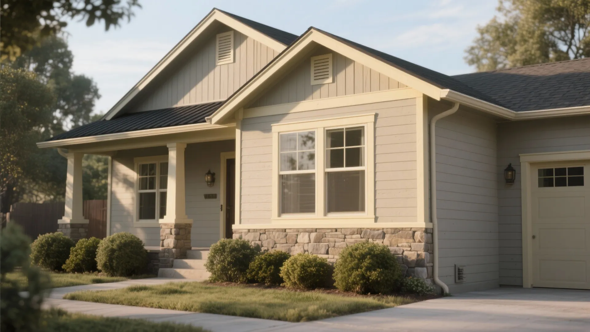 Modern suburban house with beige siding stone accents white windows front porch and a green lawn