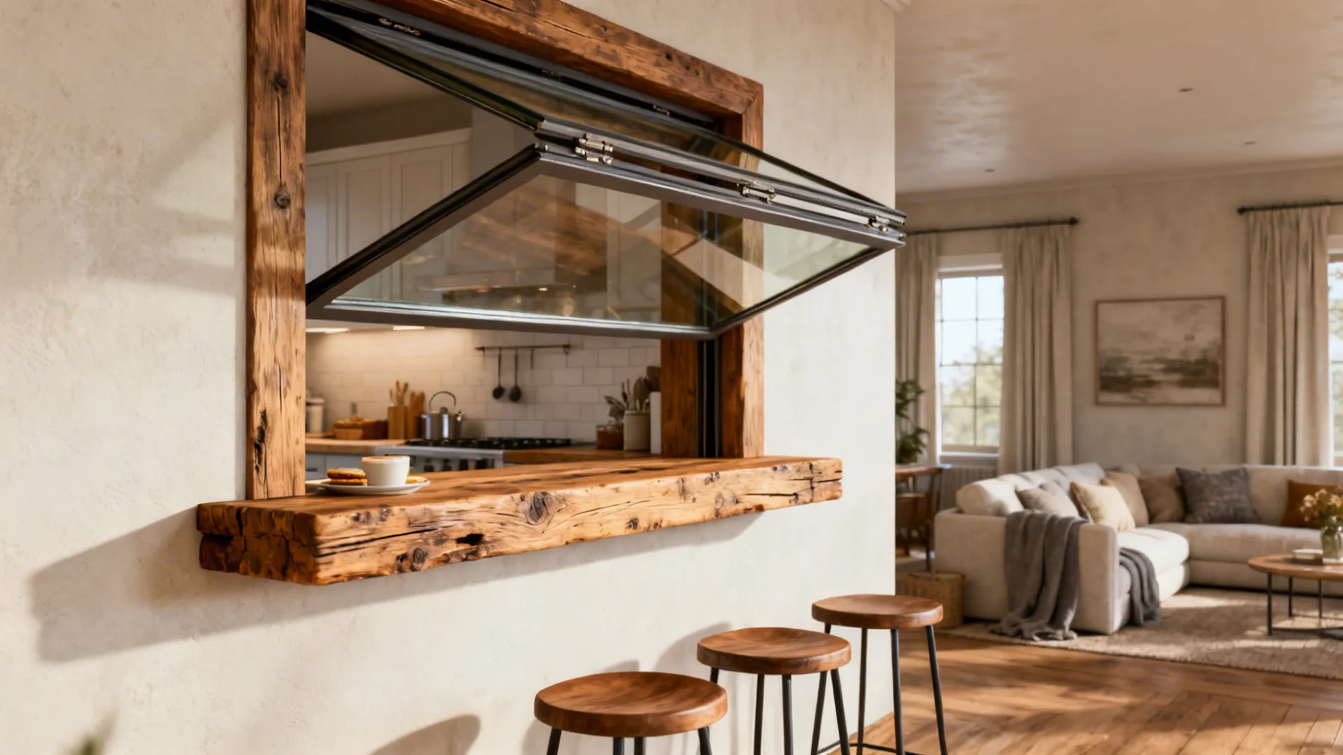 Classic pass-through window with a reclaimed-wood counter lip between kitchen and living room.