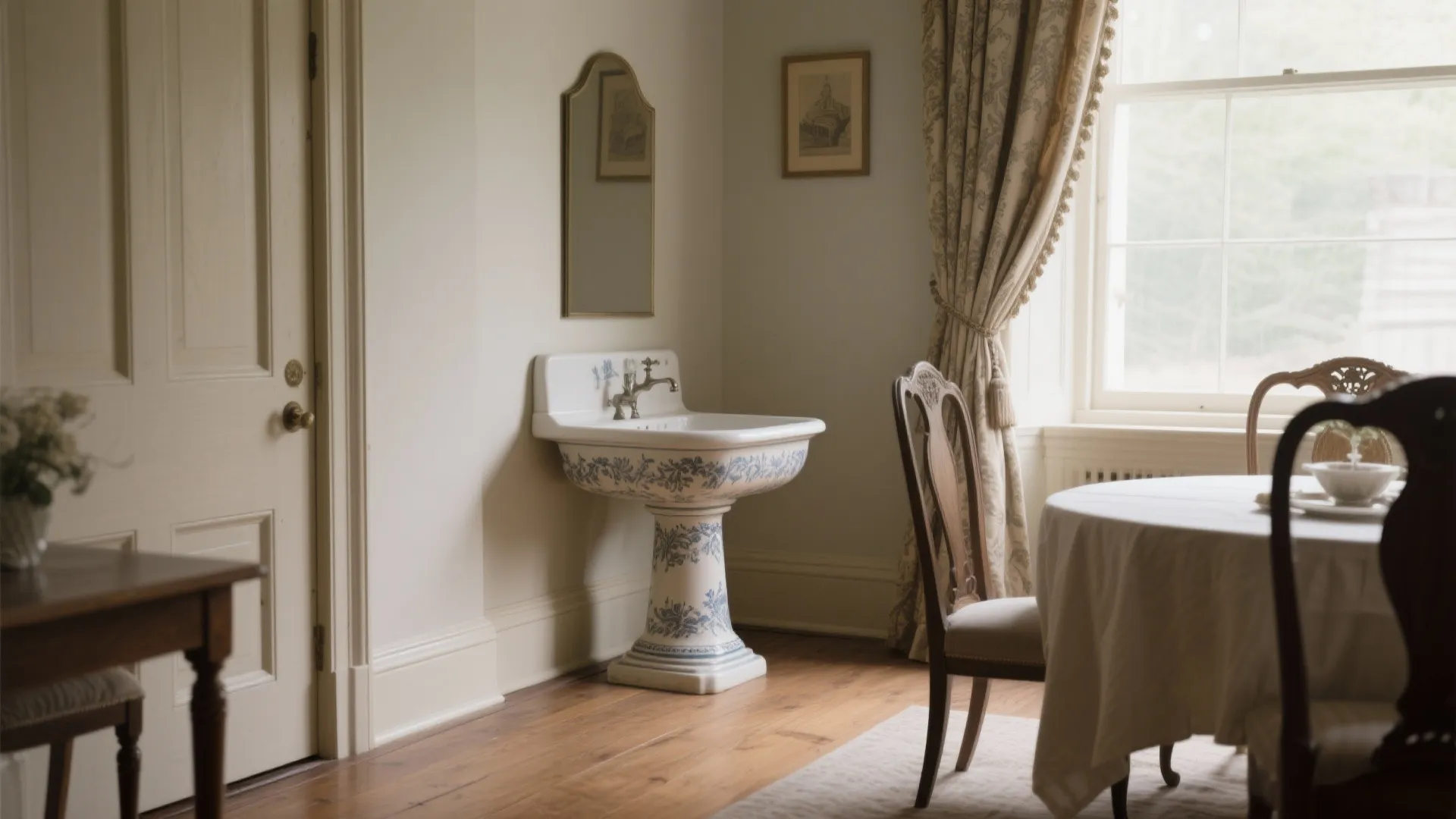 Traditional white wash basin with blue floral patterns near window and round dining table chairs
