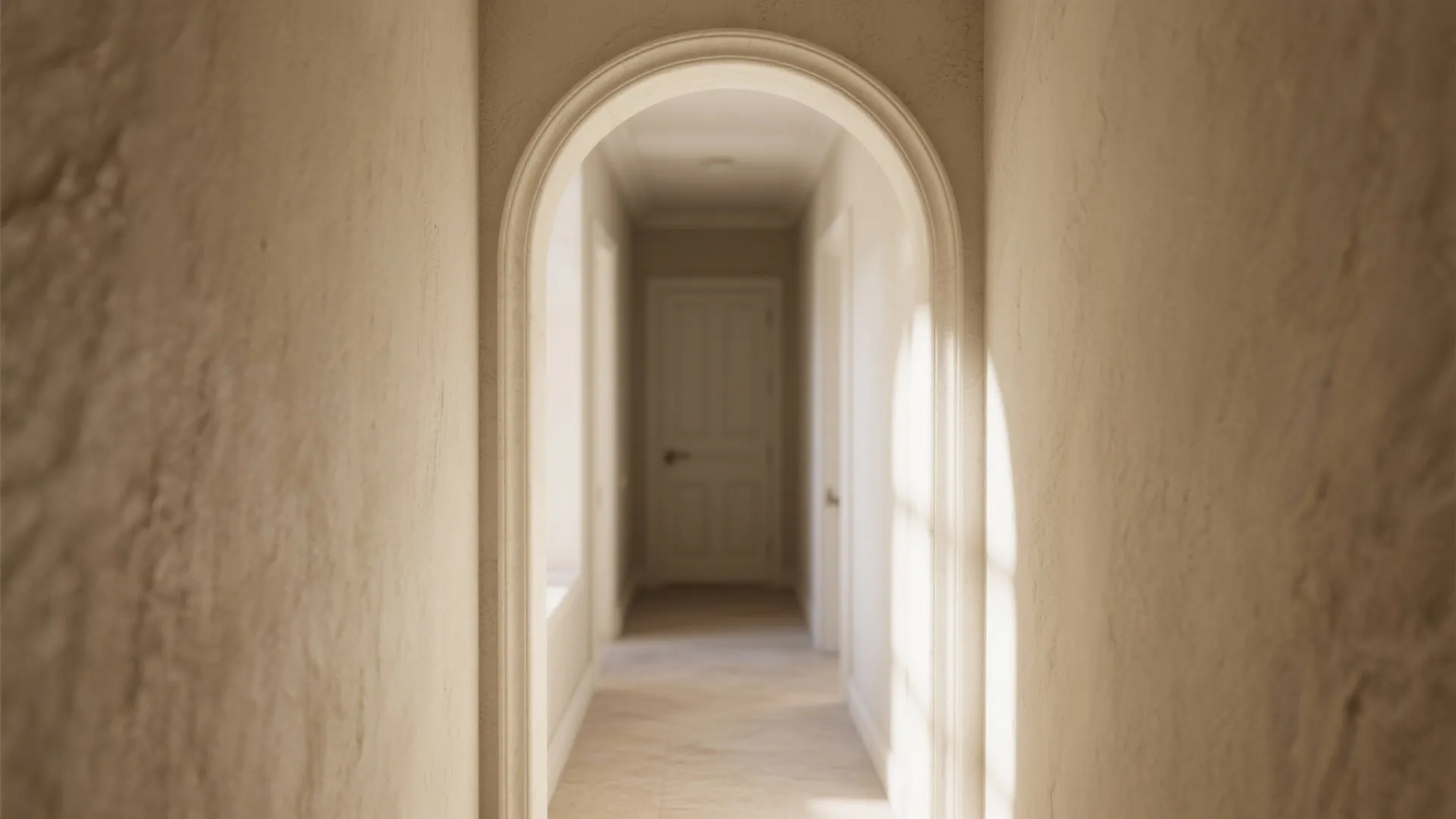Minimalist hallway interior design with classic white archway leads into a neutral toned room layout