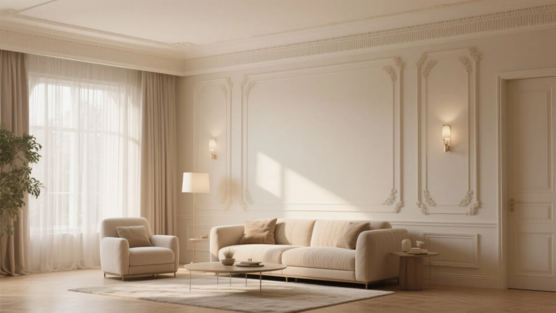 Classic beige living room with sofa armchair coffee table decorative wall panels and warm light