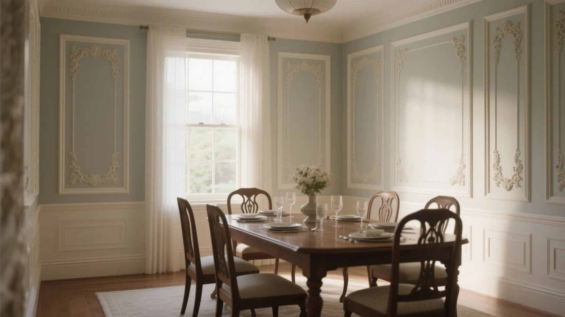 Classic dining room featuring light blue wall panel designs with wooden table and chairs plus window