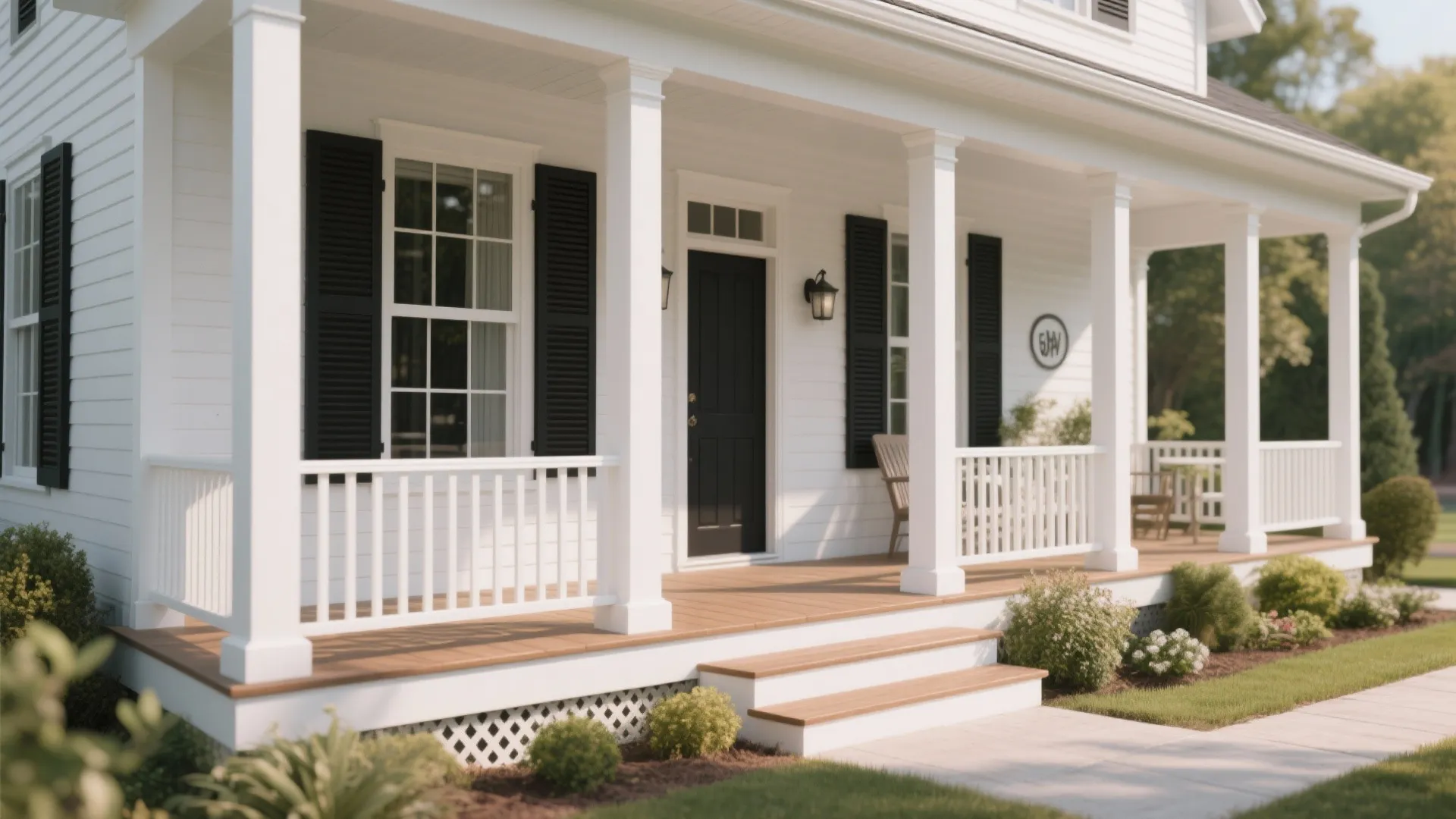 Porch with slim square posts and clean railing on cottage