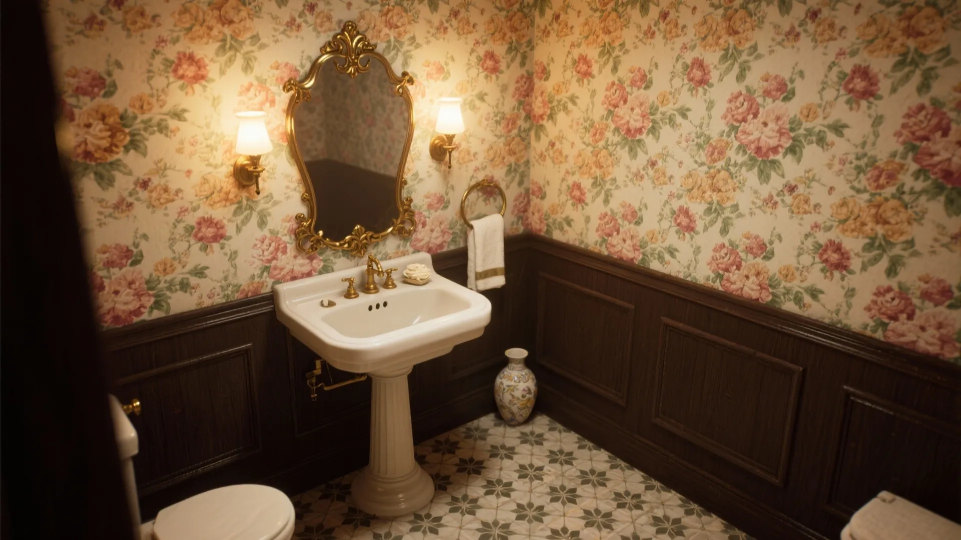 Classic powder room with bold wallpaper, pedestal sink, and brass mirror