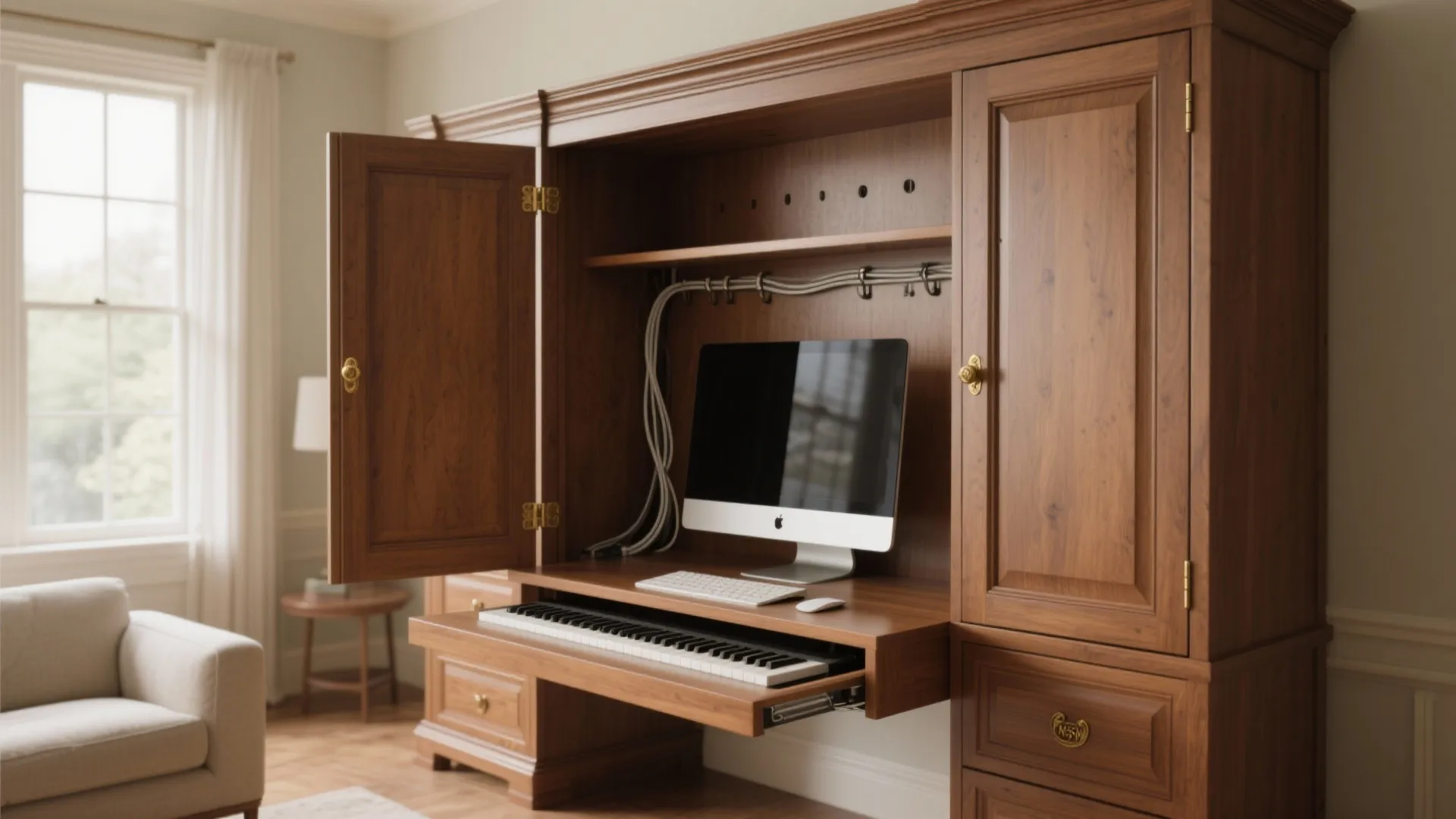 Traditional wooden cabinet with open doors showing a computer and a pull out piano keyboard