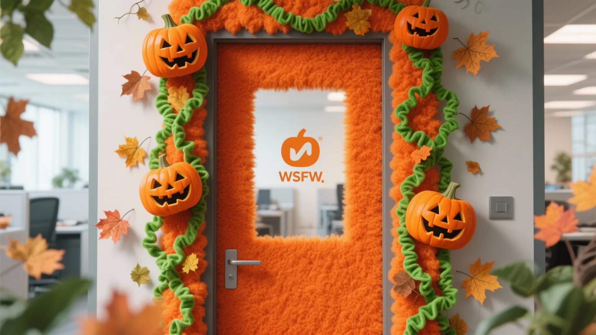 Office door decorated with orange fuzzy material green garlands carved pumpkins and autumn maple leaves