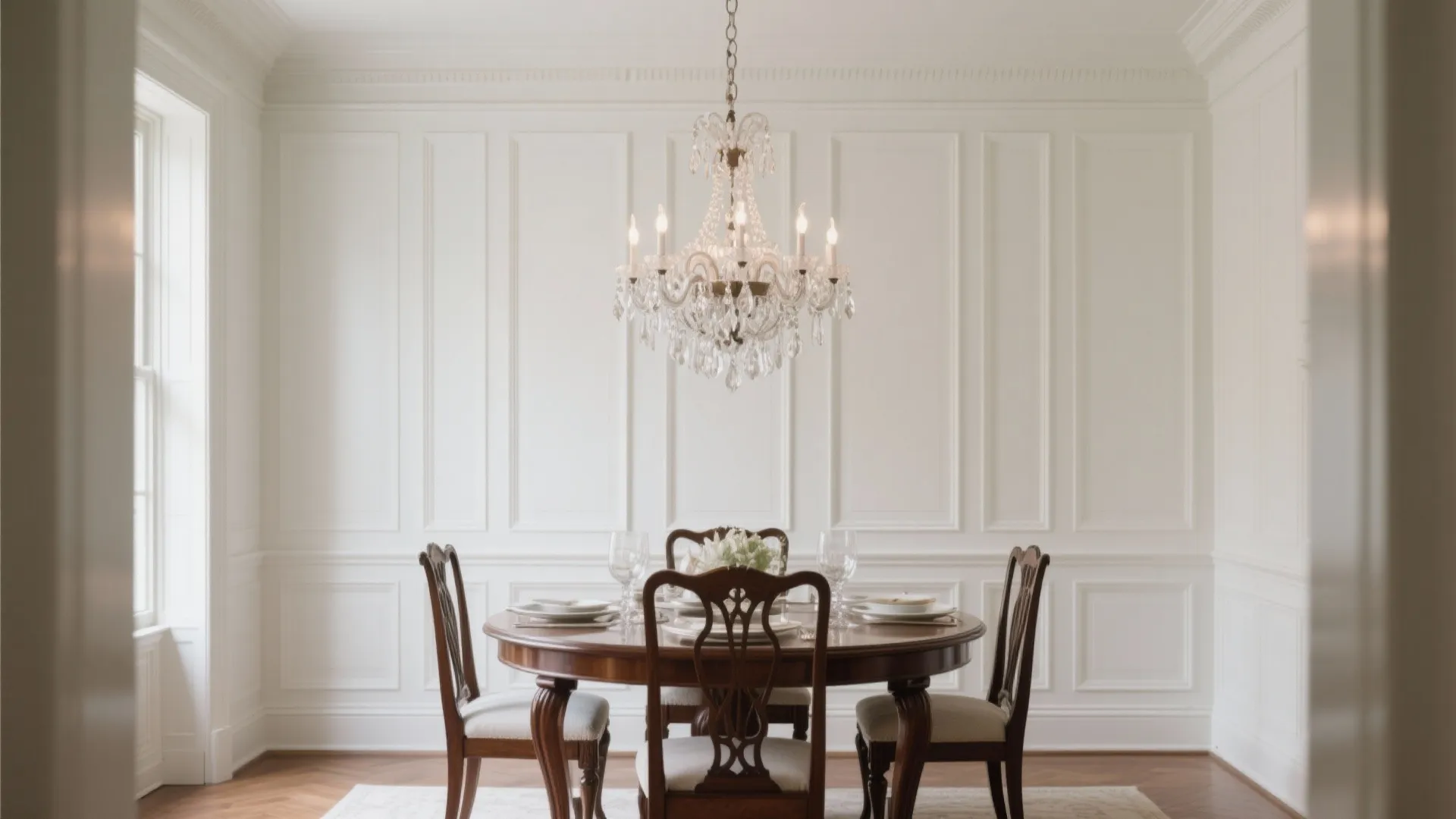 Elegant dining room featuring white wall panel design crystal ceiling light and dark wood table
