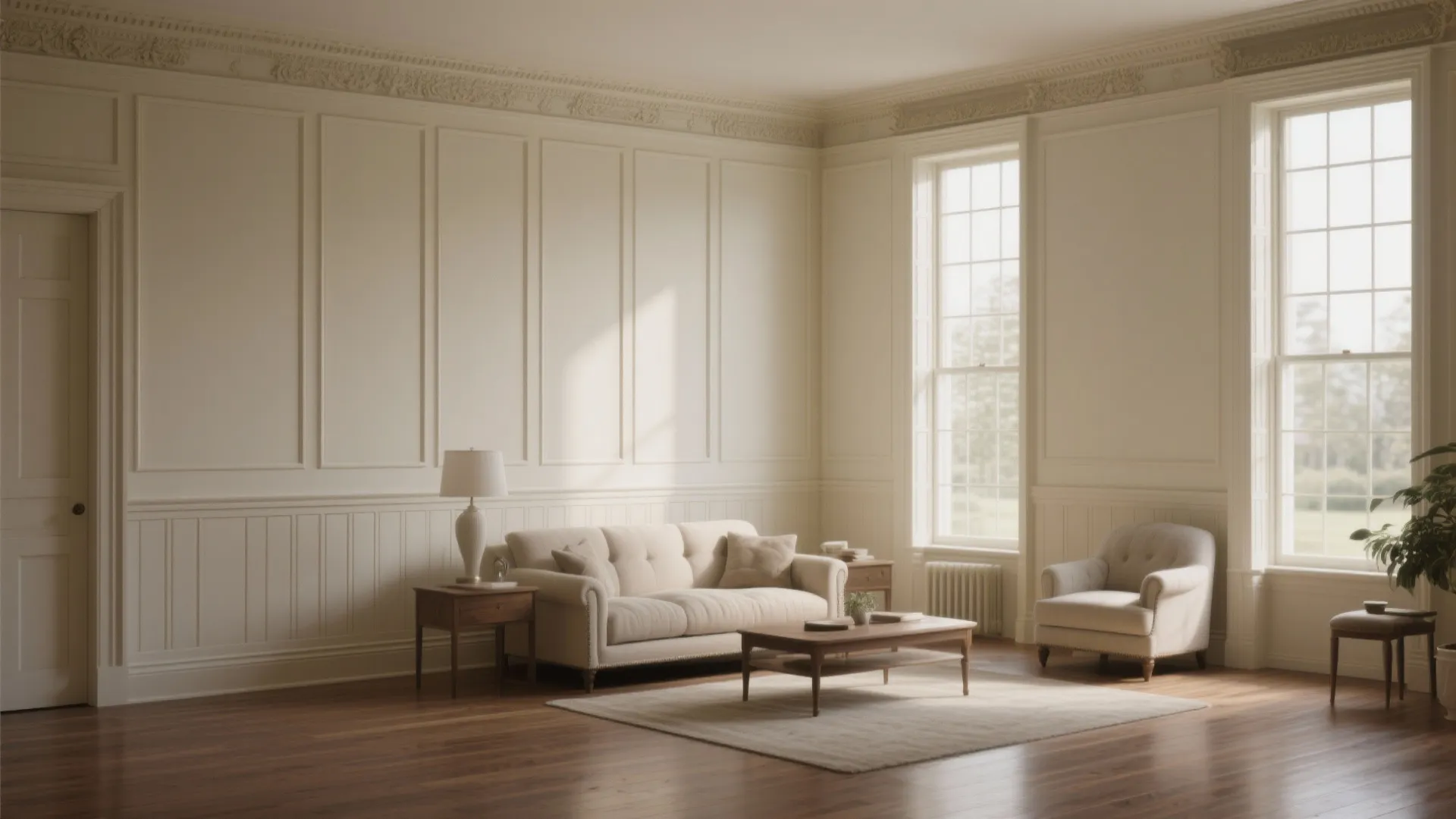 Traditional living room with cream raised panel wainscoting and crown molding