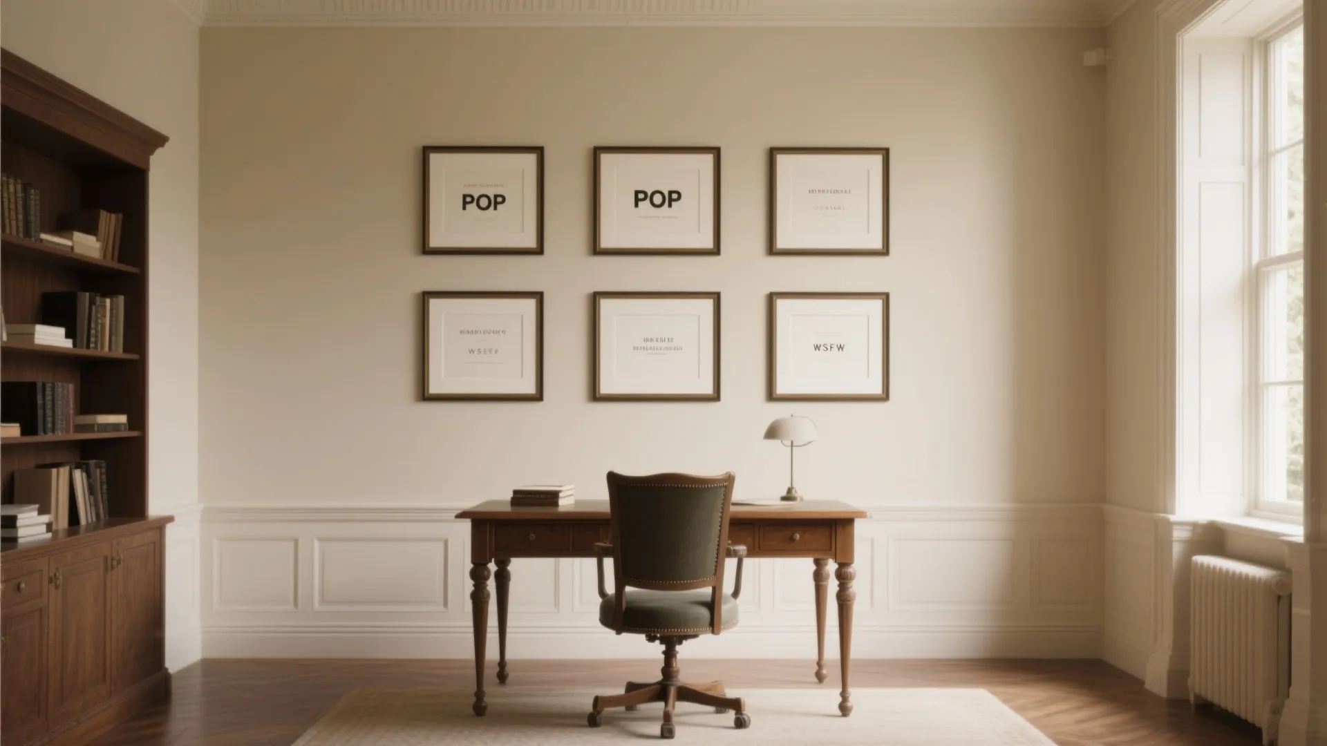 Classic home office with wooden desk chair wall panel bookshelf framed art and large side window