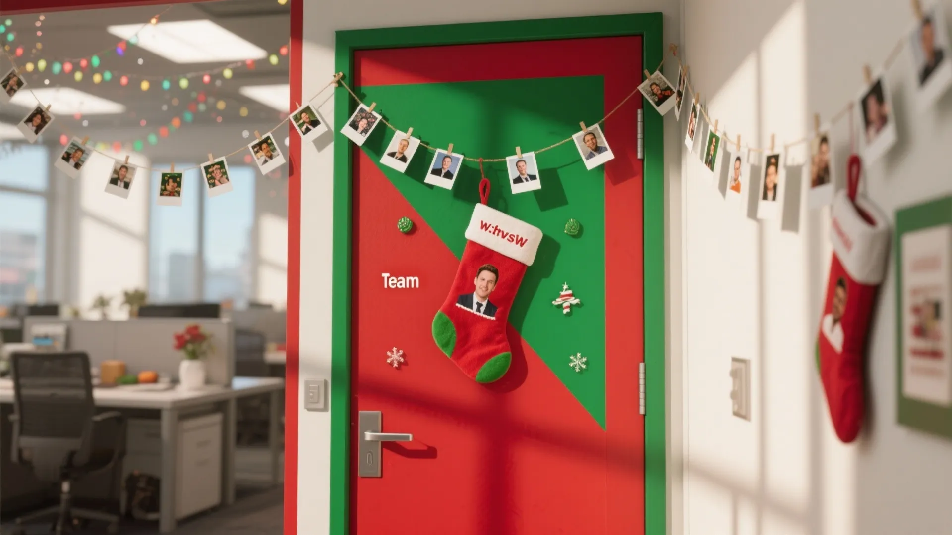 Red and green office door decorated with a Christmas stocking and hanging photos on string