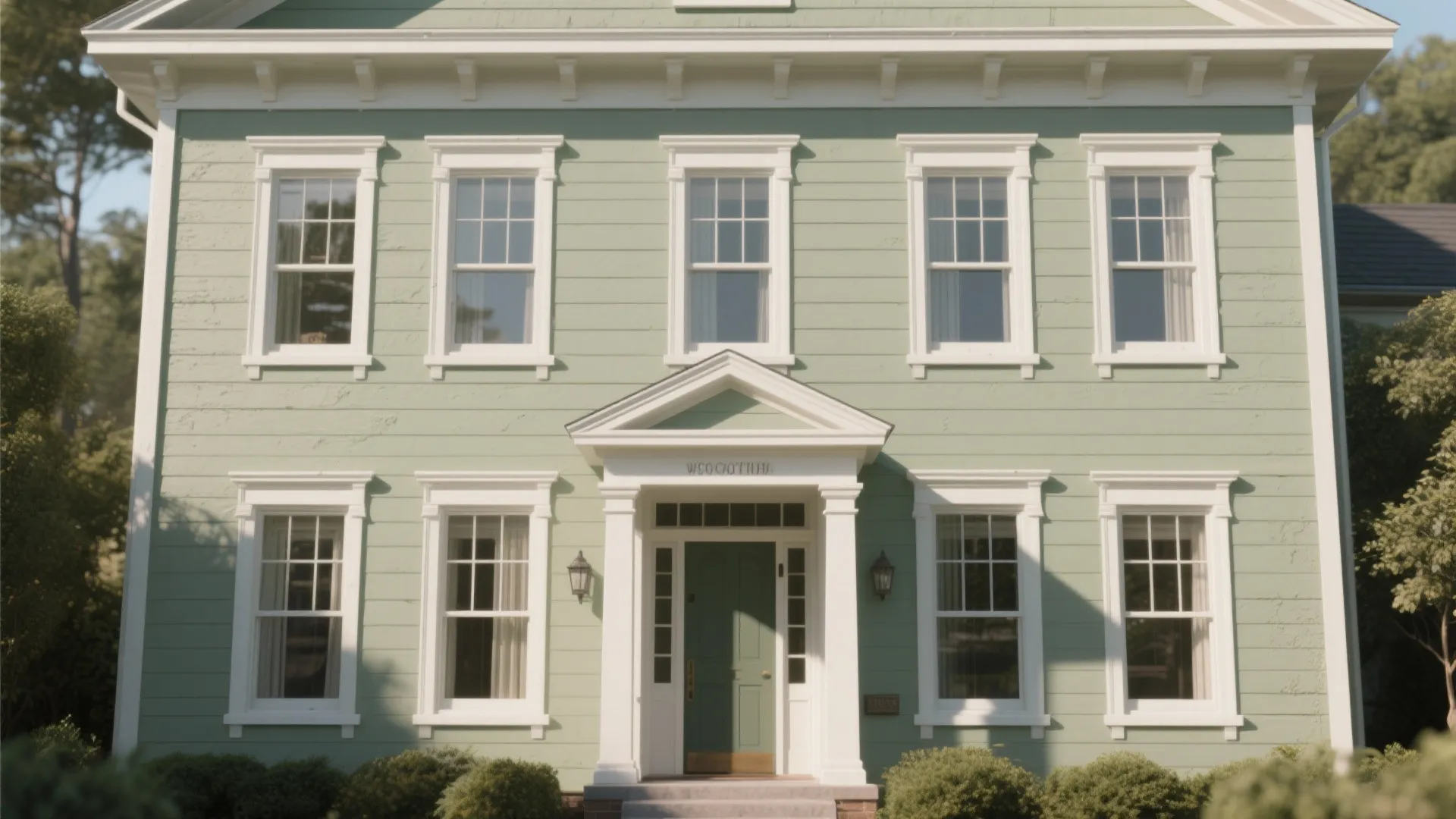 Traditional facade painted matte sage green with crisp white trim under soft daylight, showing clean architectural details.