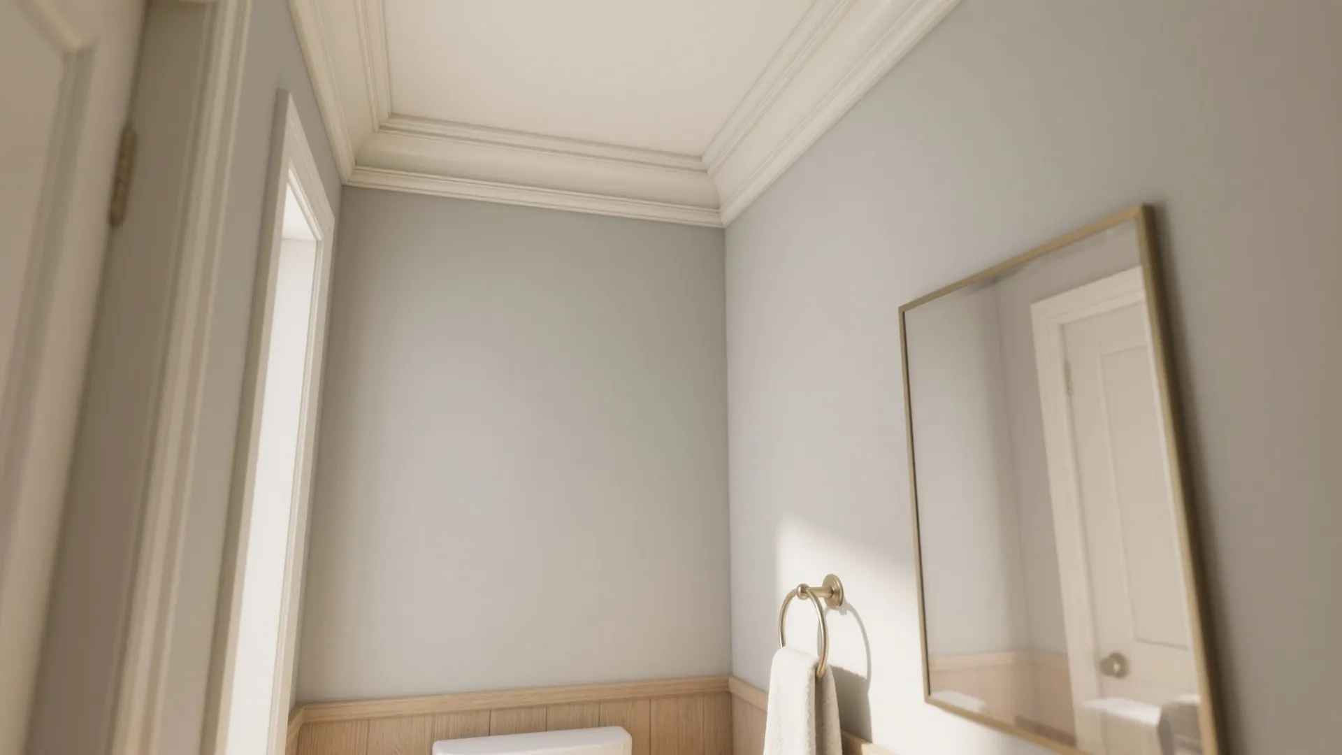 Compact bathroom with a thin classic crown molding creating an elegant, taller feel.
