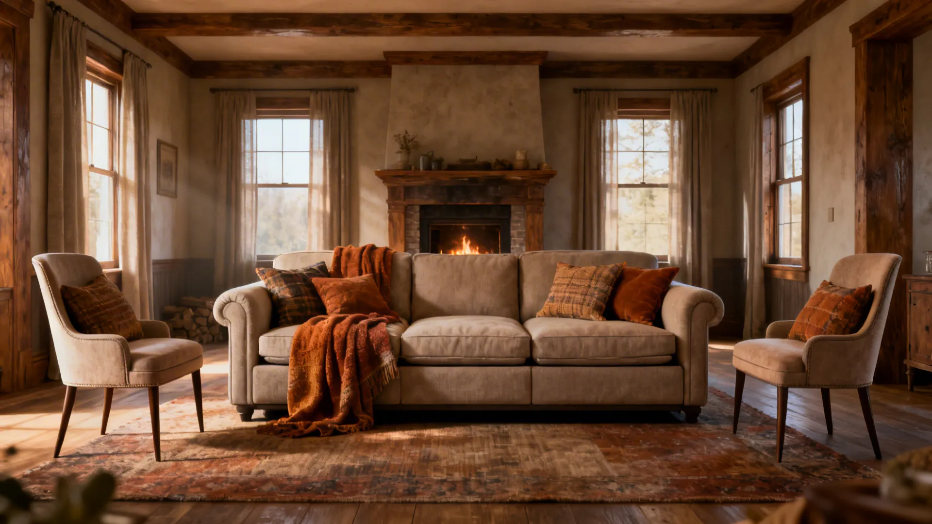 Classic three-seat sleeper sofa paired with two slim accent chairs in a balanced living room near a fireplace.