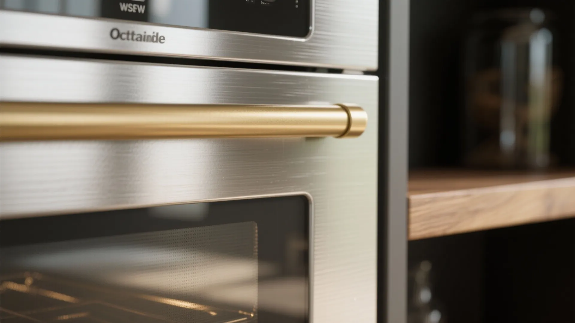 Close-up of brushed stainless oven with brass pull and reflected wood shelf.