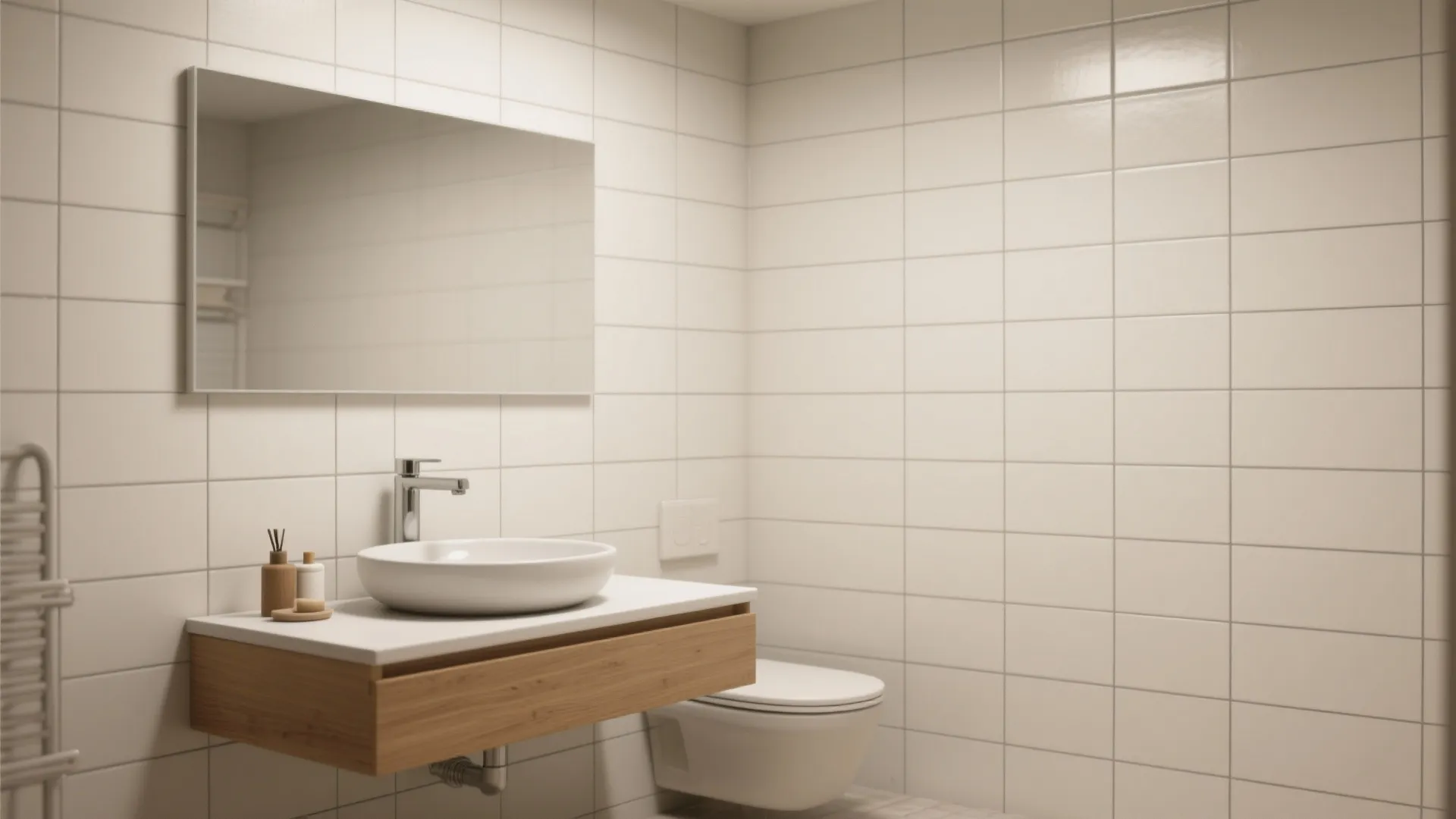 Modern bathroom featuring white subway wall tiles wooden floating cabinet and white round vessel sink