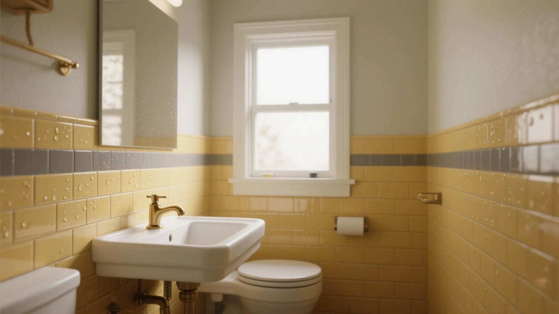 Bathroom interior with yellow wall tiles white sink gold faucet toilet mirror and small white window