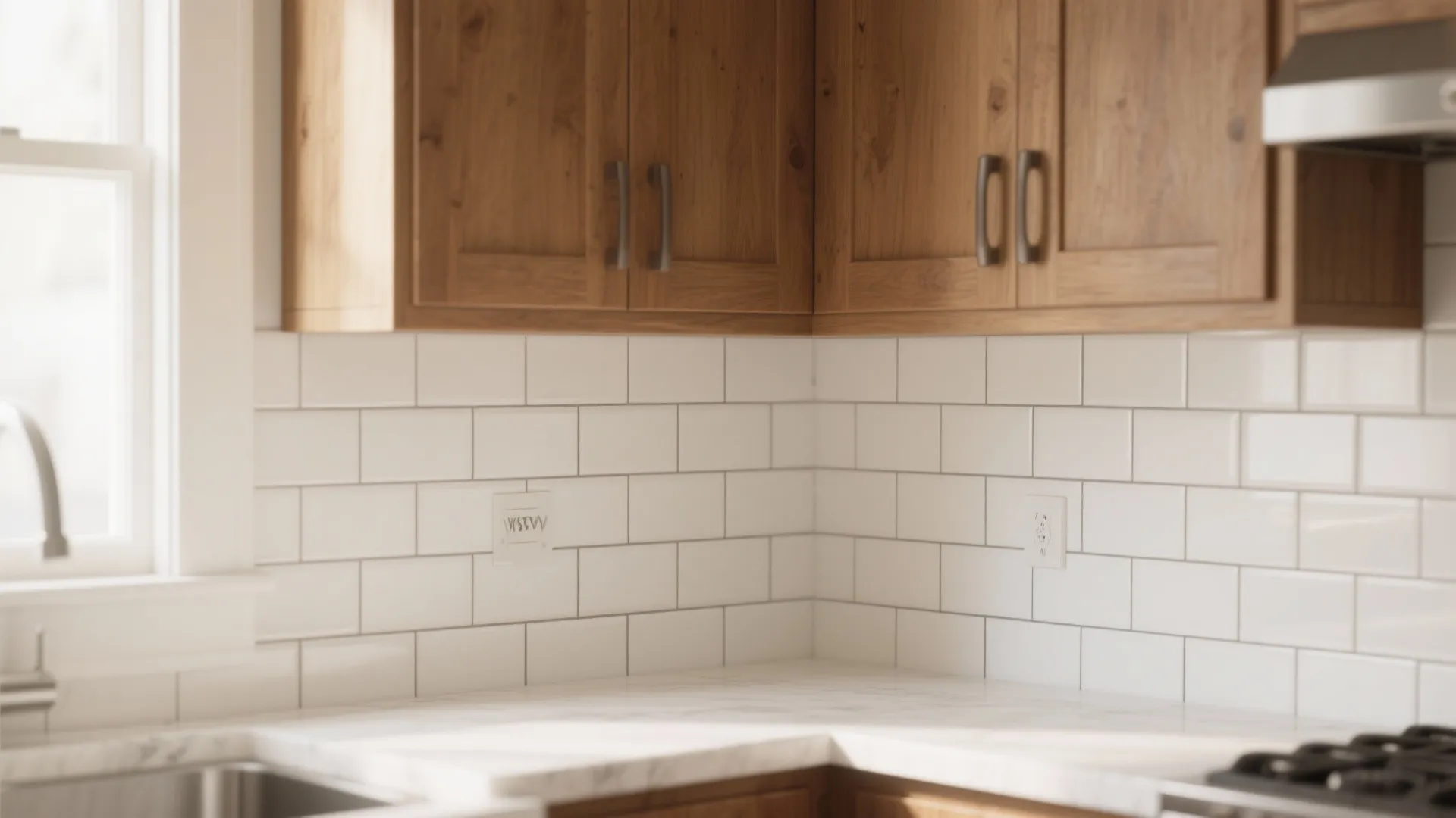 Close up of kitchen corner featuring white subway tiles, wood cabinets, and marble countertop surface