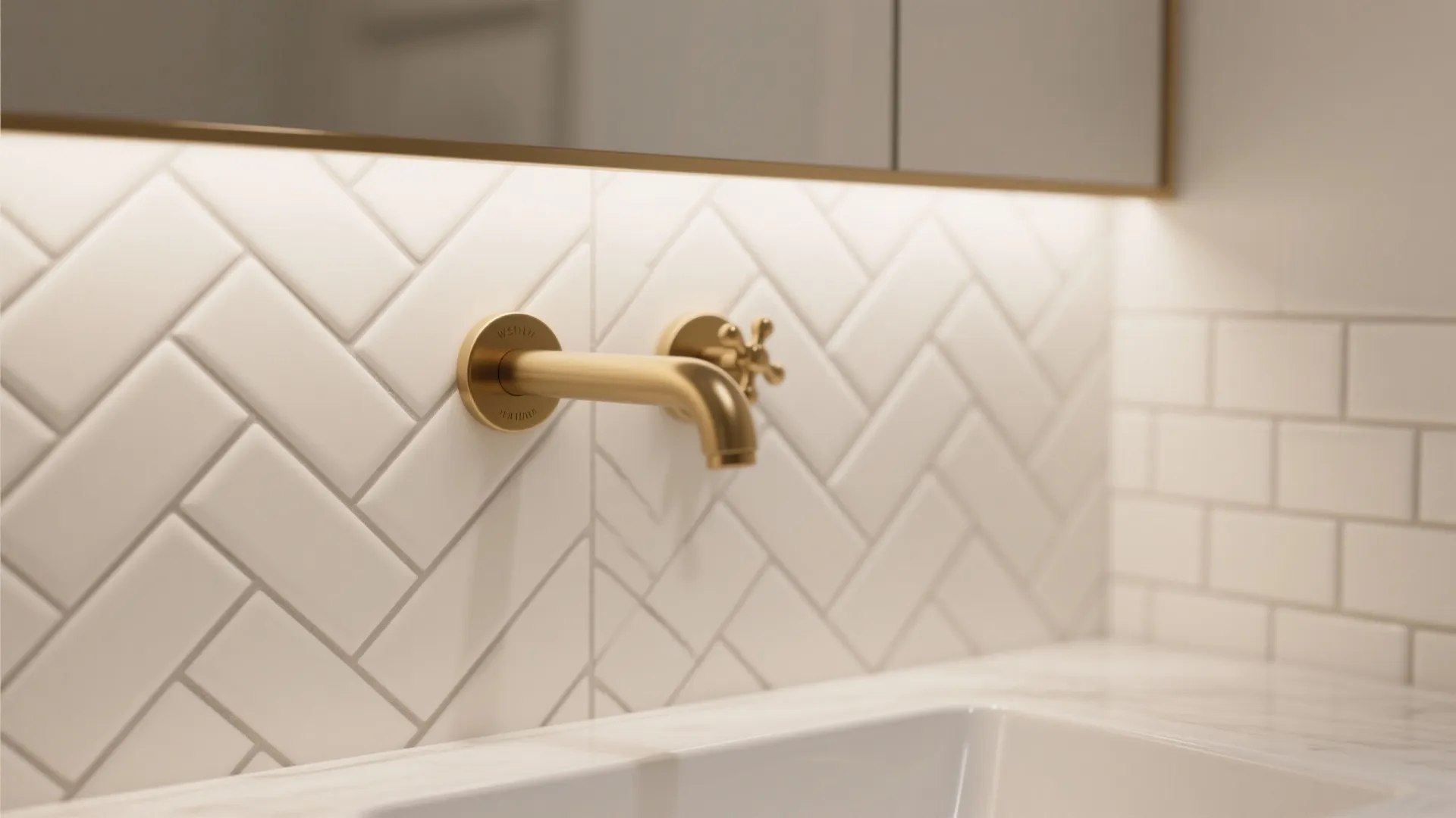 Modern bathroom with gold water tap mounted on white herringbone wall tile and marble counter