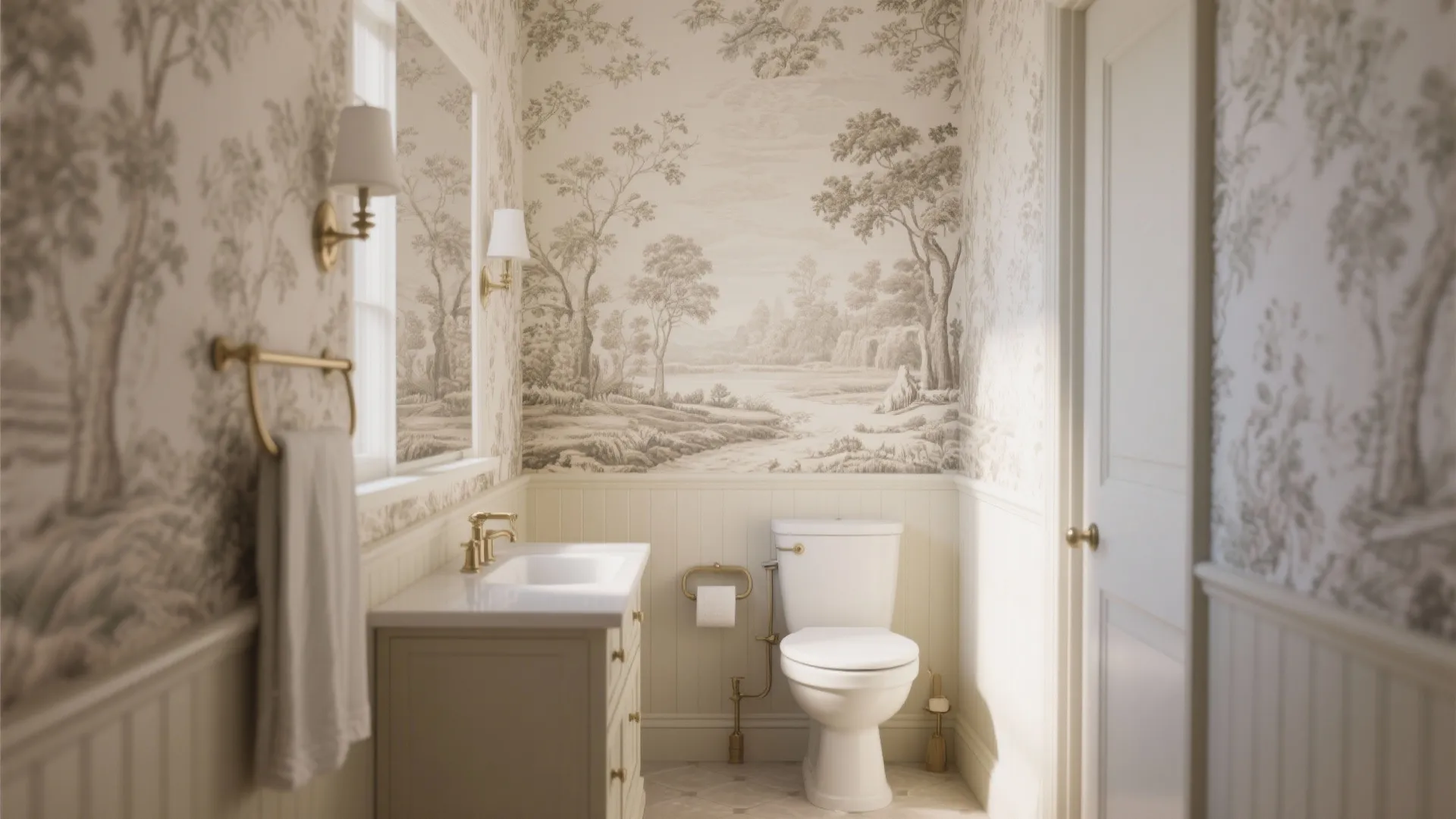 Classic bathroom featuring landscape pattern wallpaper white wall panels a white toilet and gold hardware