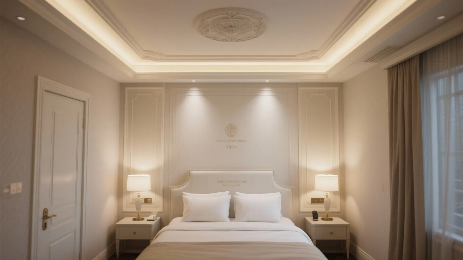 Elegant master bedroom featuring recessed tray ceiling with white crown molding and warm hidden lighting