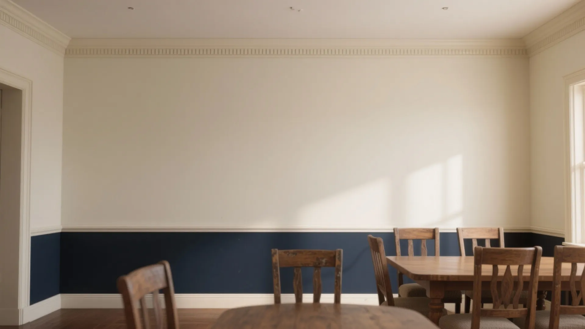 Dining room with white top walls navy blue bottom walls wooden table and matching chairs