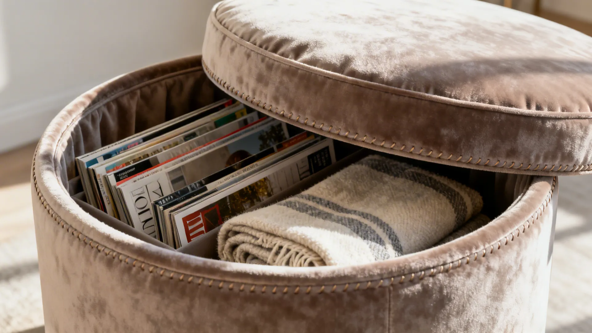 Round upholstered ottoman with removable lid showing performance velvet texture and storage with throws.