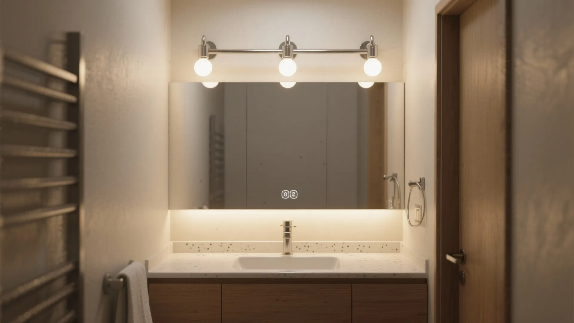 Modern bathroom with wooden cabinet white sink large mirror and three round wall light bulbs