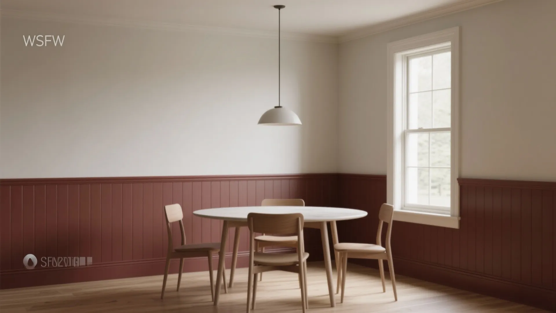 Dining room with red wall panel round white table four wooden chairs and one ceiling light
