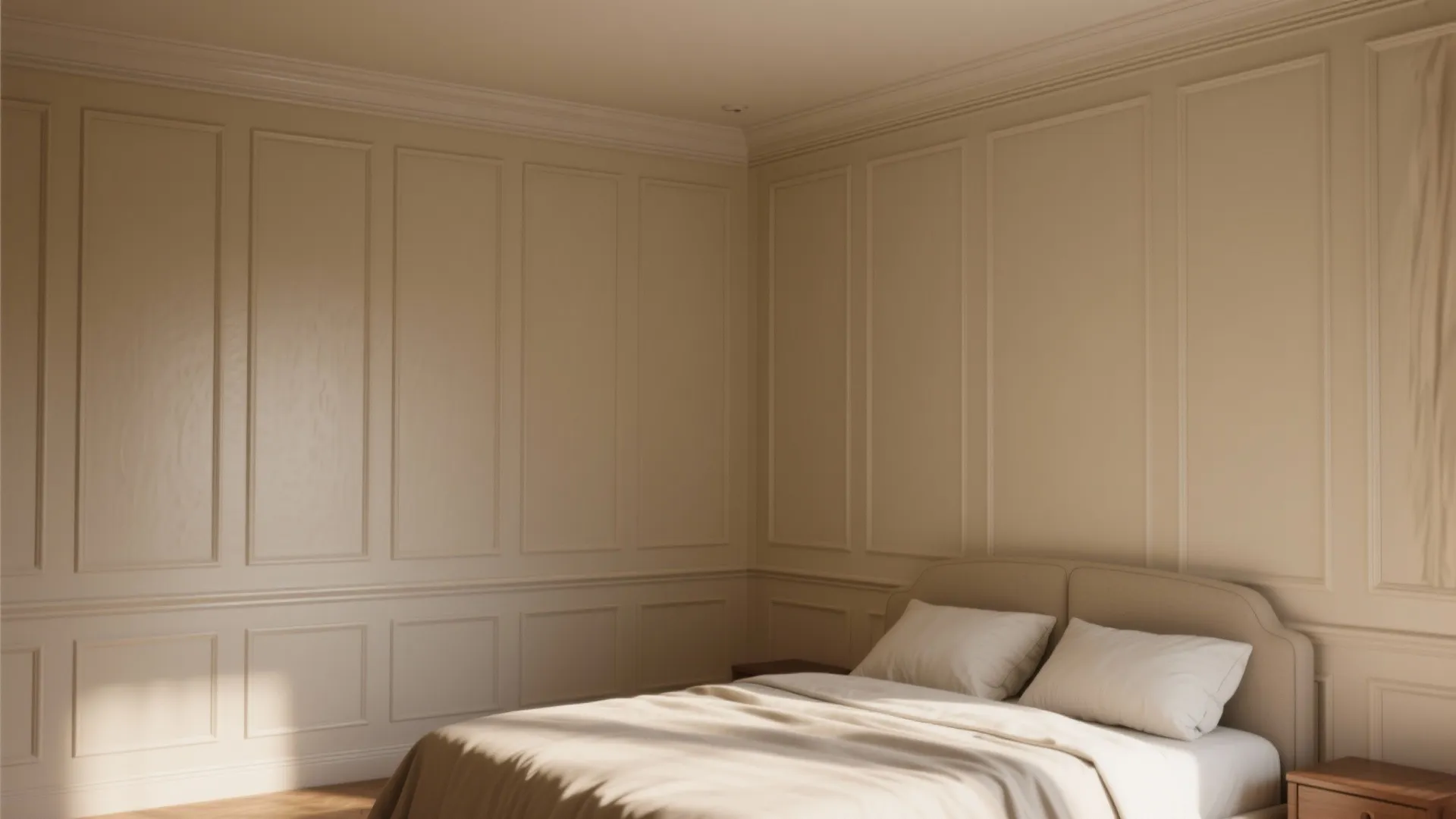 Bedroom wall with classic vertical wainscoting and a slim rail anchoring the bed.