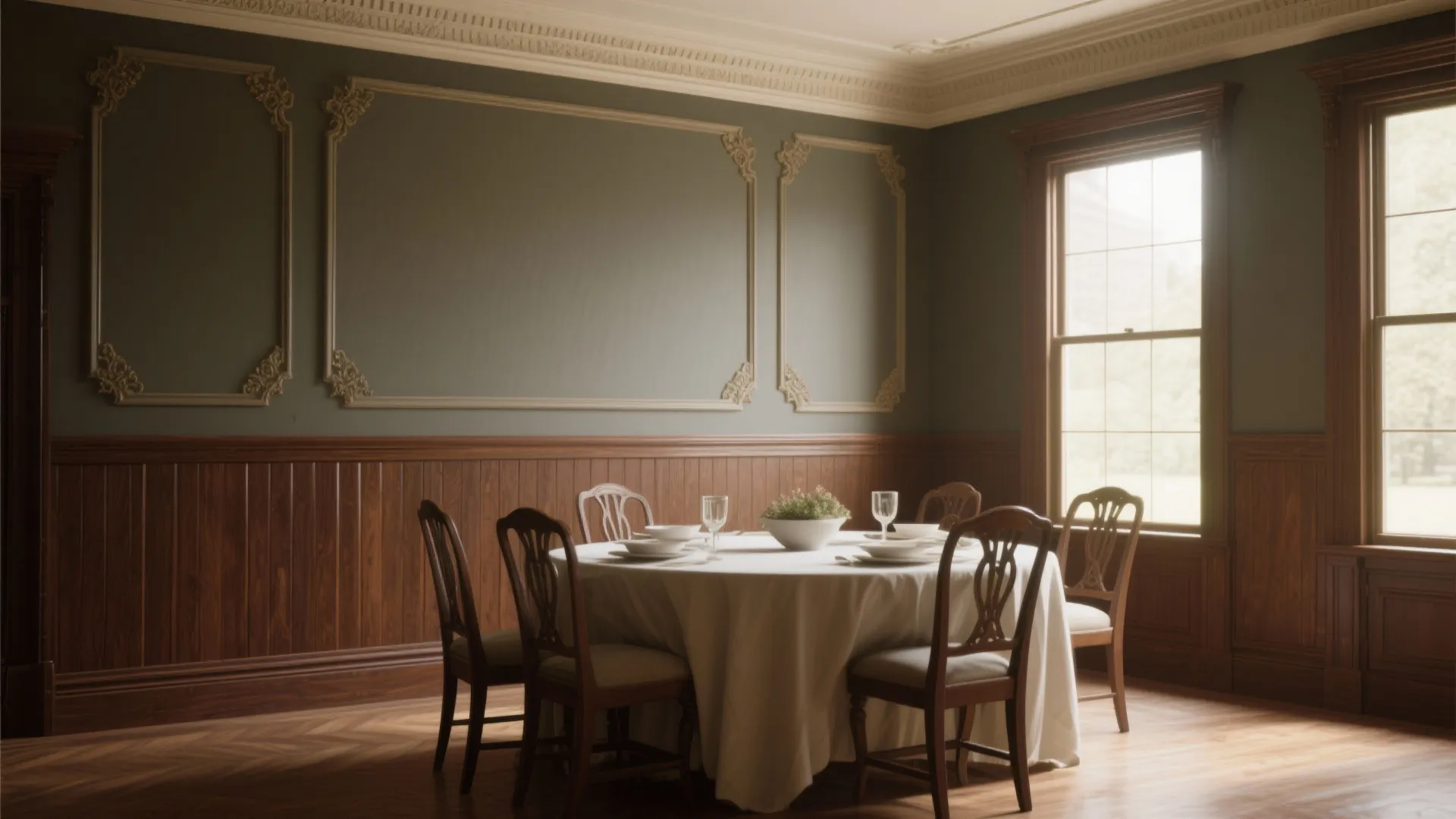 Dining room with classic wainscoting and rich painted walls