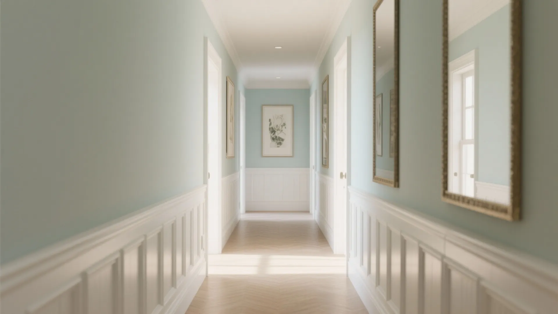 Bright hallway featuring light blue walls white wall panel wooden floor and mirrors on wall