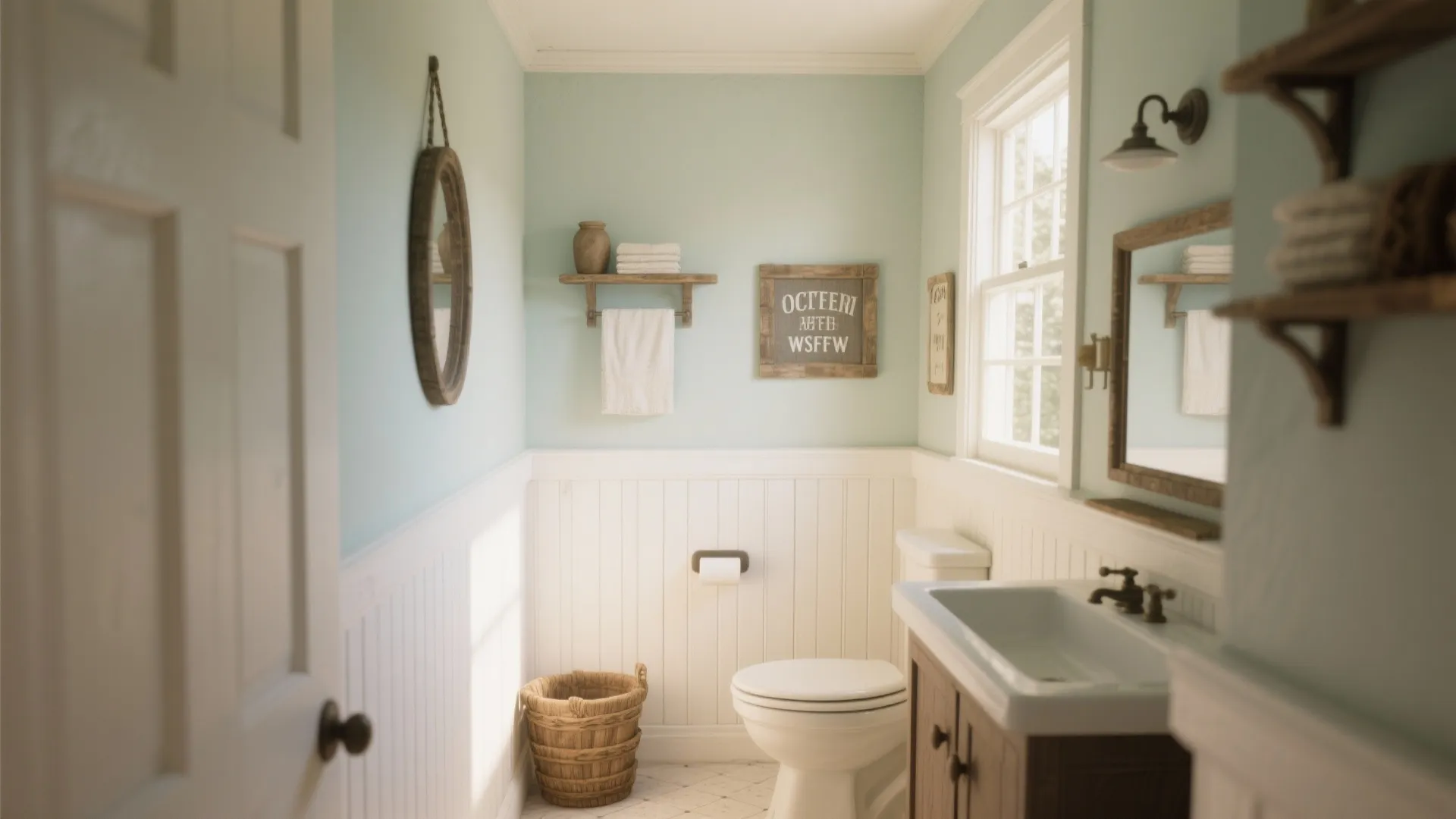 Small bathroom with light blue walls white wall panel toilet wooden cabinet mirror and wall light